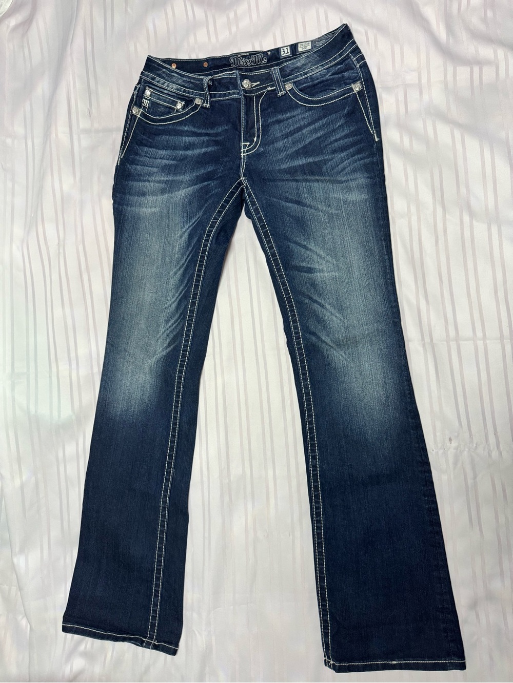 Miss Me Dark Blue Flare Jeans with Contrast Stitching